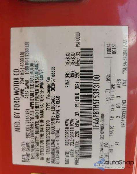 2015 Ford Mustang from USA, damaged, VIN 1FA6P8TH5F5393100